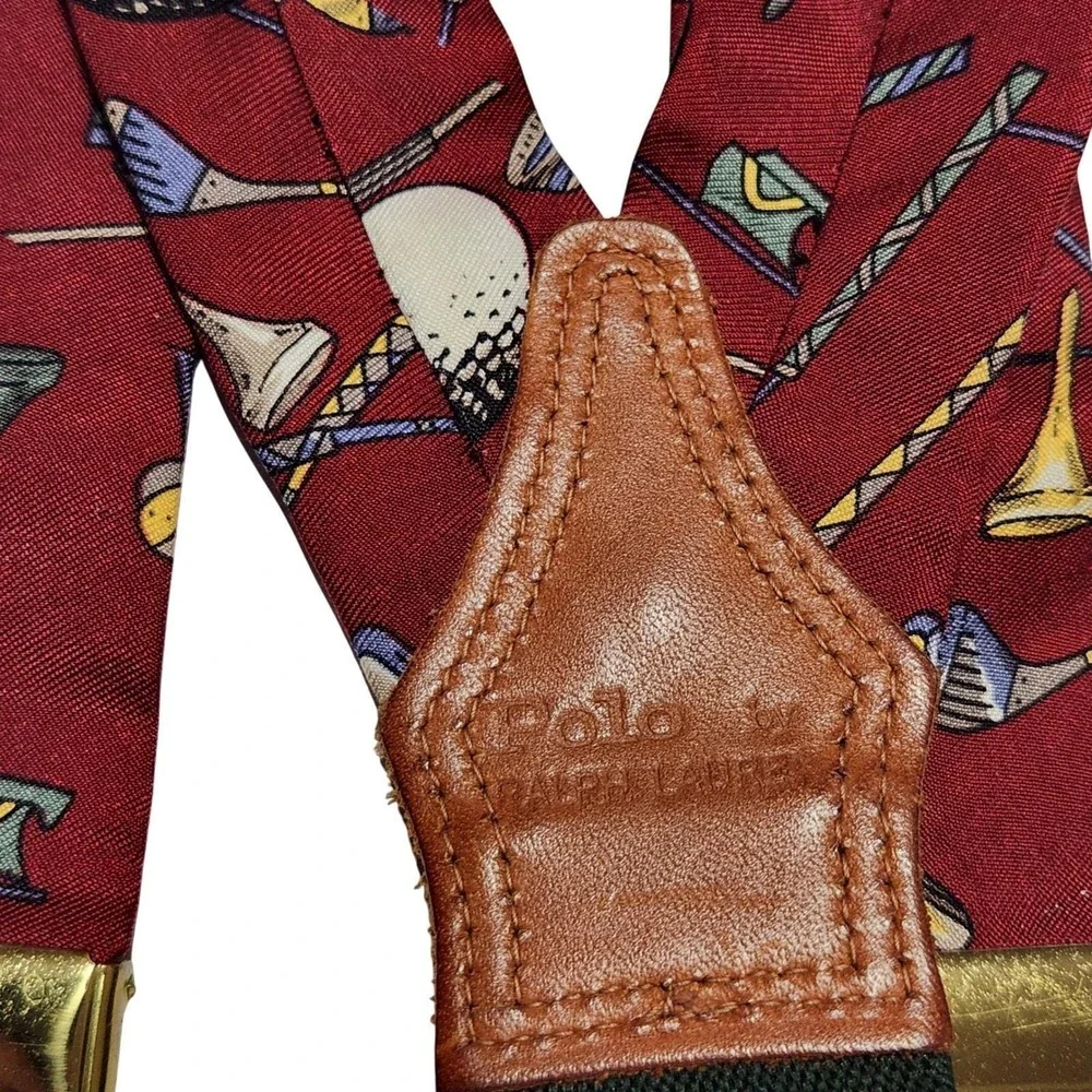 Polo Ralph Lauren Golf Motif Silk Embroidered‎ Suspenders Leather Heritage VTG